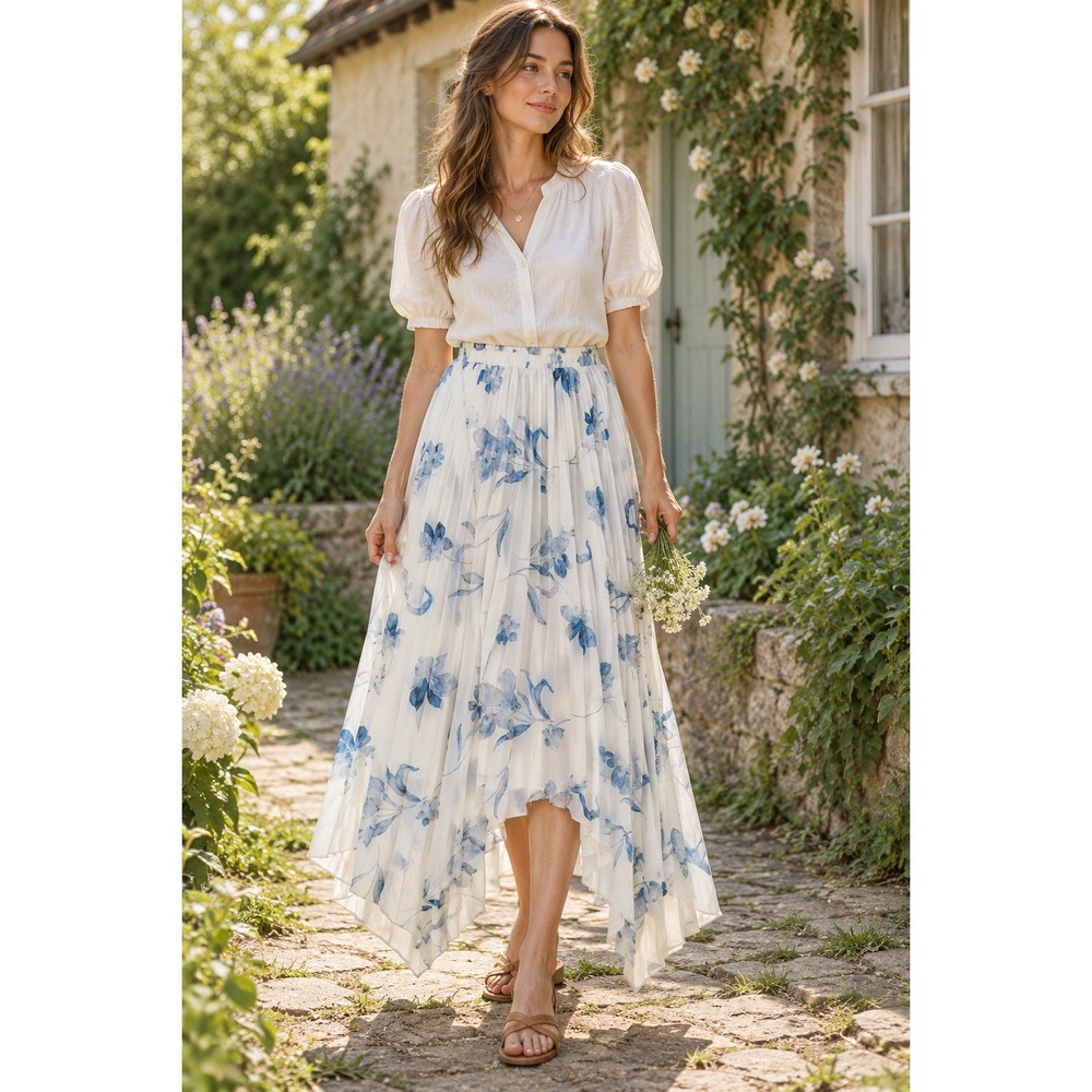 Lost + Wander Carolina Garden Maxi Skirt Womens M White Blue Floral Pleated New